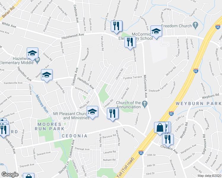 map of restaurants, bars, coffee shops, grocery stores, and more near 5639 Utrecht Road in Baltimore