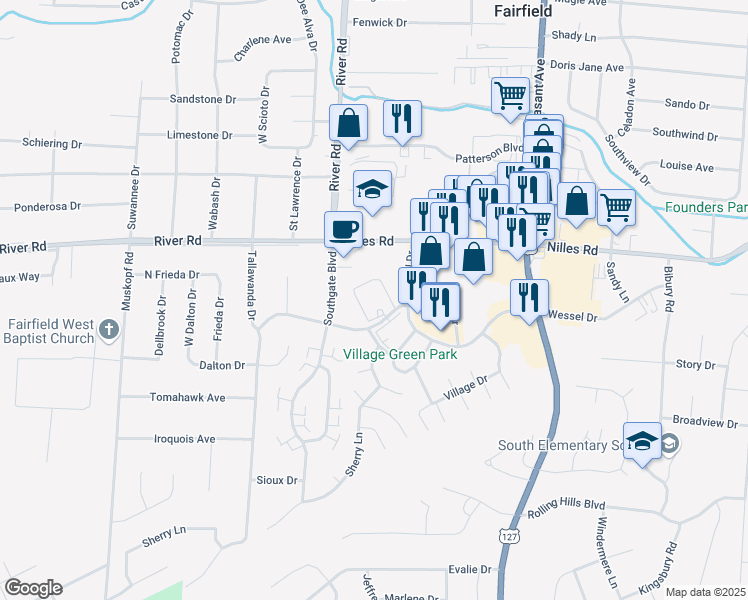 map of restaurants, bars, coffee shops, grocery stores, and more near 1460 Corydale Drive in Fairfield