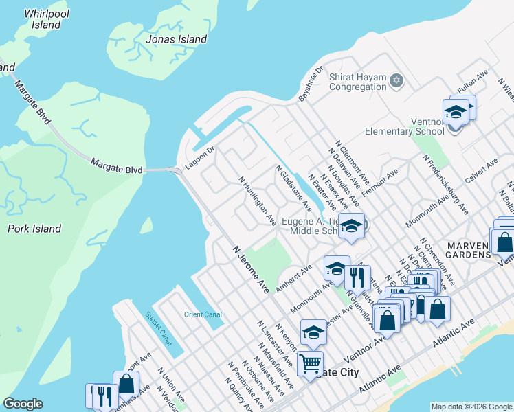 map of restaurants, bars, coffee shops, grocery stores, and more near 414 North Huntington Avenue in Margate City
