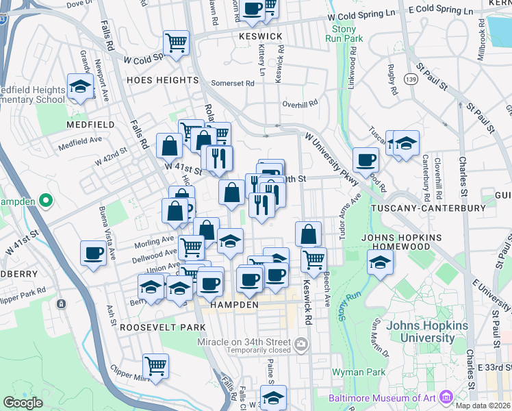 map of restaurants, bars, coffee shops, grocery stores, and more near 733 West 40th Street in Baltimore