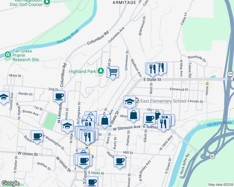 map of restaurants, bars, coffee shops, grocery stores, and more near 111 Franklin Avenue in Athens