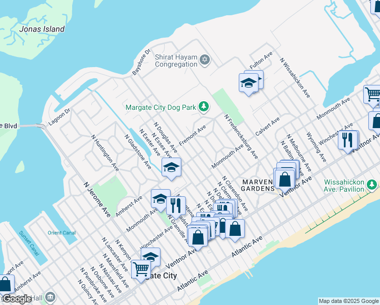 map of restaurants, bars, coffee shops, grocery stores, and more near 303 North Delavan Avenue in Margate City