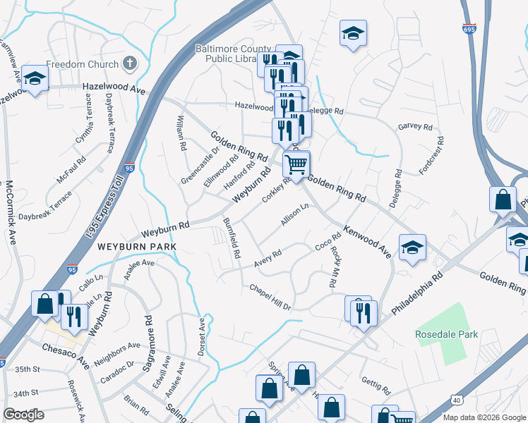 map of restaurants, bars, coffee shops, grocery stores, and more near 6507 Corkley Road in Rosedale