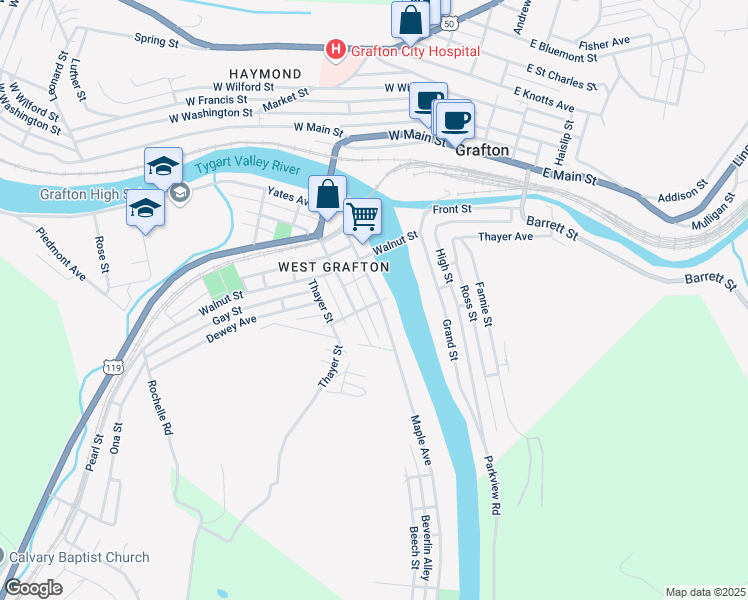 map of restaurants, bars, coffee shops, grocery stores, and more near 240 Maple Avenue in Grafton