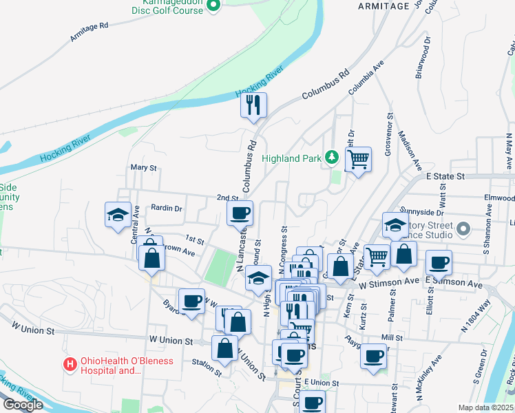 map of restaurants, bars, coffee shops, grocery stores, and more near 77 Mound Street in Athens