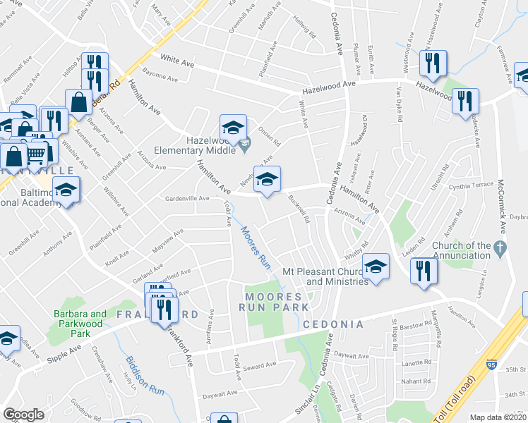 map of restaurants, bars, coffee shops, grocery stores, and more near 5639 Albanene Place in Baltimore