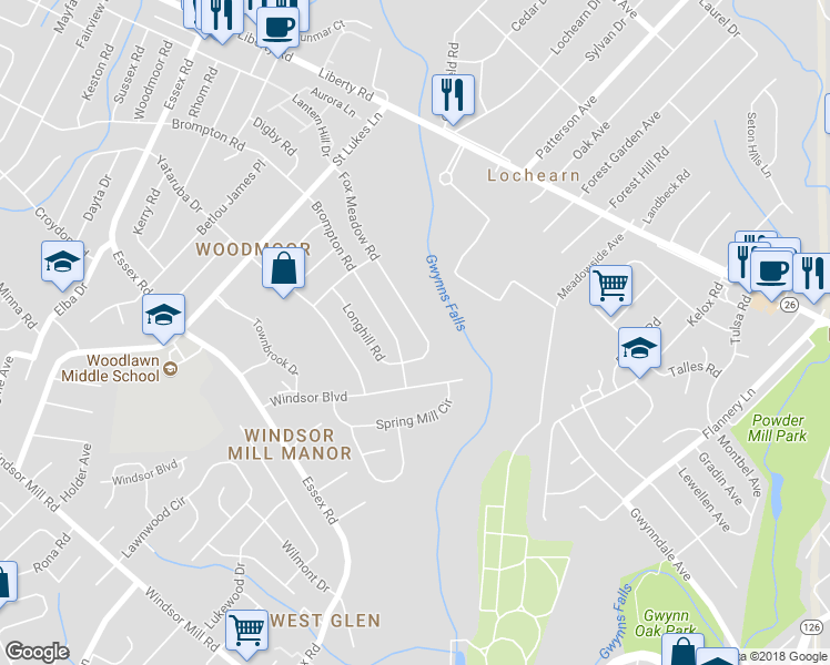 map of restaurants, bars, coffee shops, grocery stores, and more near 6719 Fox Meadow Road in Baltimore