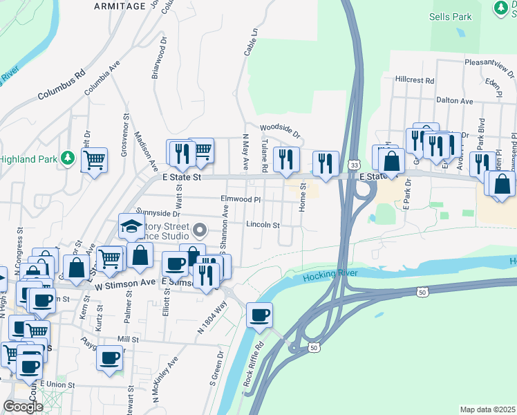 map of restaurants, bars, coffee shops, grocery stores, and more near 45 Hudson Ave in Athens