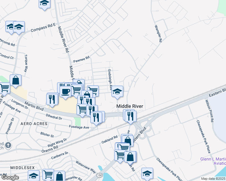 map of restaurants, bars, coffee shops, grocery stores, and more near 217 Endsleigh Avenue in Middle River