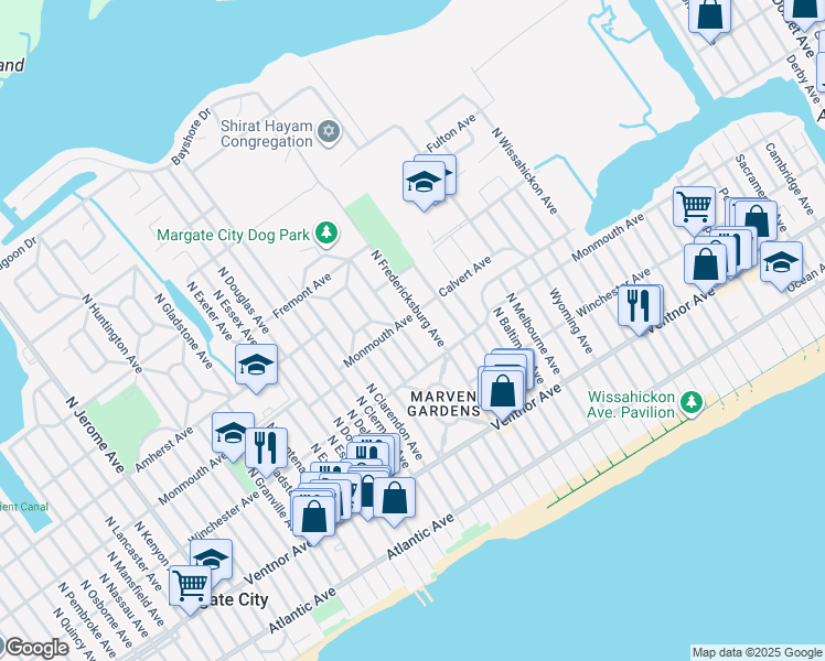 map of restaurants, bars, coffee shops, grocery stores, and more near 113 North Argyle Avenue in Margate City