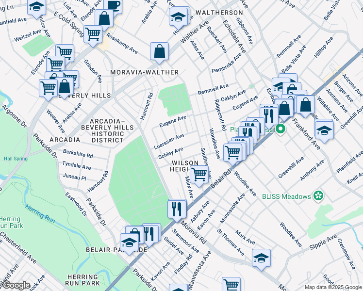 map of restaurants, bars, coffee shops, grocery stores, and more near 4702 Schley Avenue in Baltimore