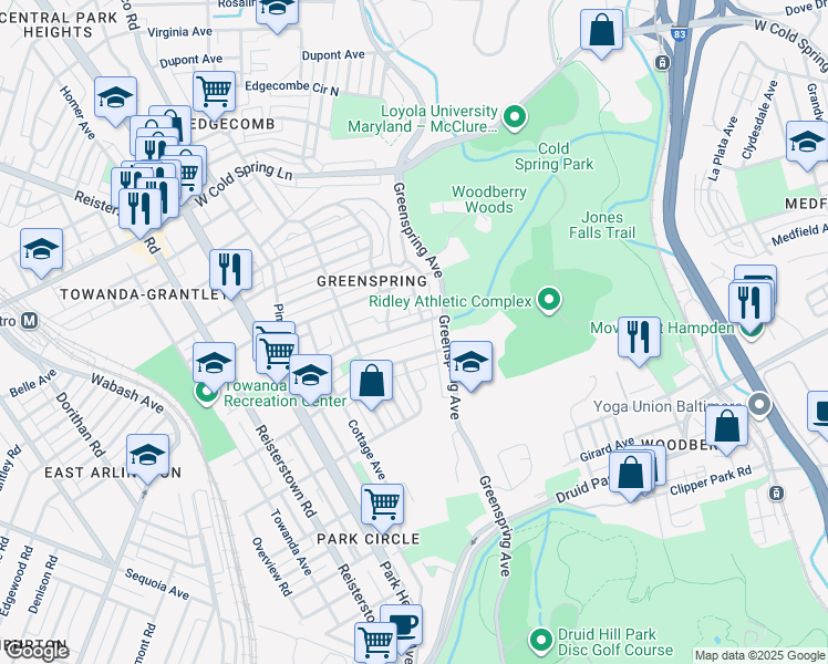 map of restaurants, bars, coffee shops, grocery stores, and more near 2421 Shirley Avenue in Baltimore