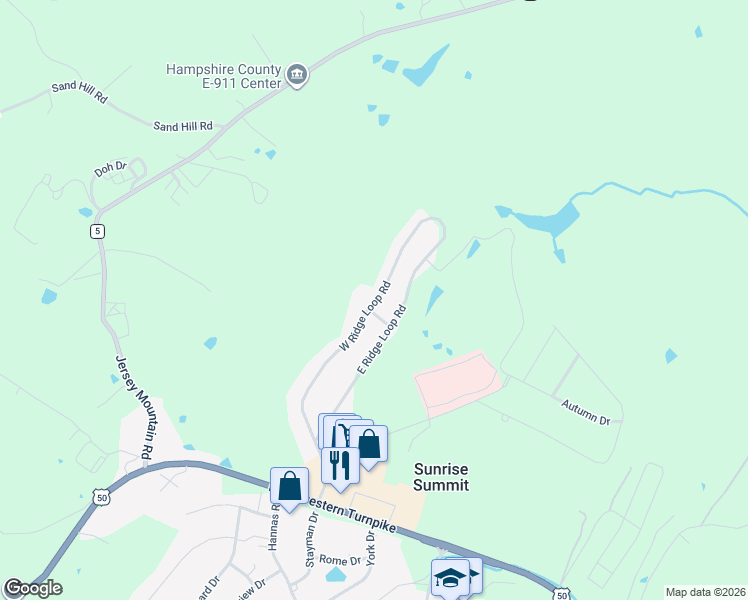 map of restaurants, bars, coffee shops, grocery stores, and more near 408 West Ridge Loop Road in Romney