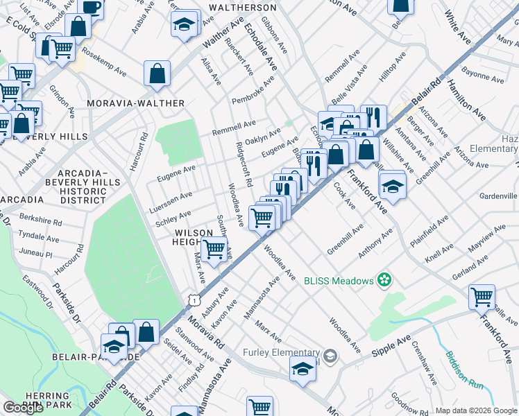 map of restaurants, bars, coffee shops, grocery stores, and more near 4018 Ridgecroft Road in Baltimore