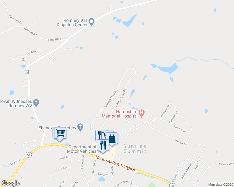 map of restaurants, bars, coffee shops, grocery stores, and more near 408 West Ridge Loop Road in Romney