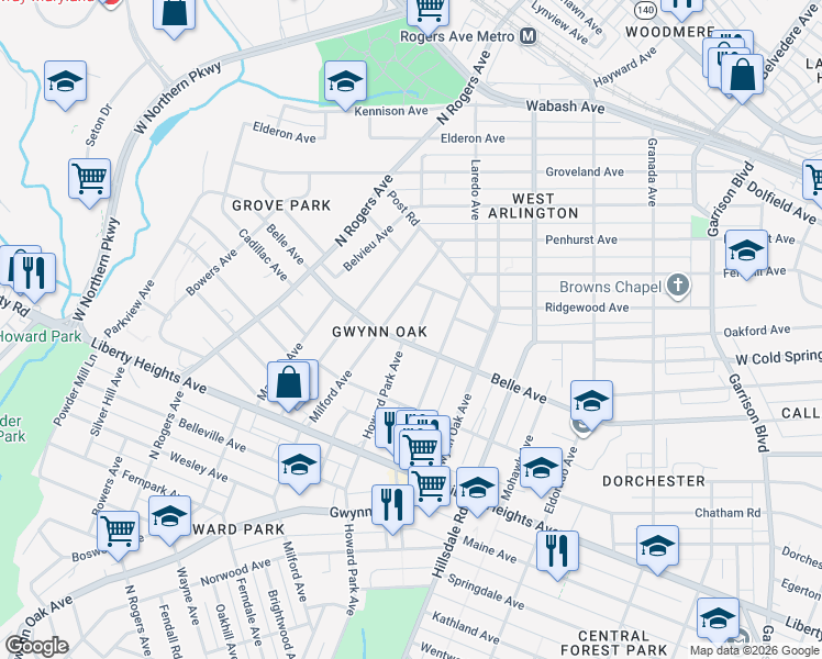 map of restaurants, bars, coffee shops, grocery stores, and more near 3800 Howard Park Avenue in Baltimore
