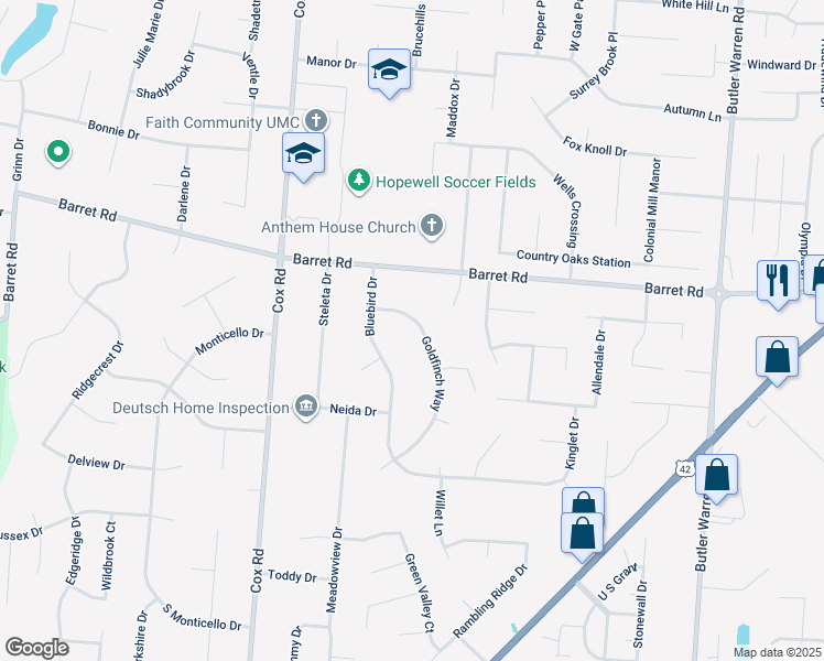 map of restaurants, bars, coffee shops, grocery stores, and more near 8483 Goldfinch Way in Butler County