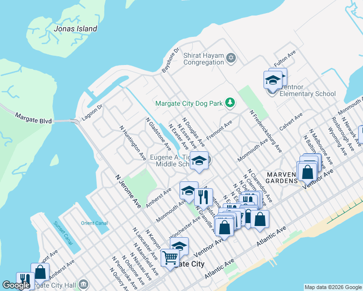 map of restaurants, bars, coffee shops, grocery stores, and more near 406 North Exeter Avenue in Margate City