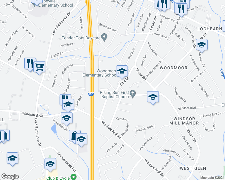map of restaurants, bars, coffee shops, grocery stores, and more near 7101 Minna Road in Lochearn