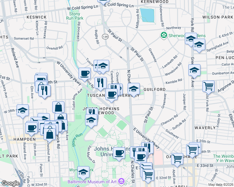 map of restaurants, bars, coffee shops, grocery stores, and more near 3904 Cloverhill Rd in Baltimore