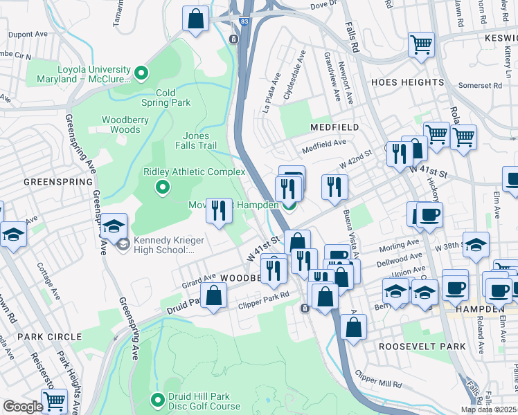 map of restaurants, bars, coffee shops, grocery stores, and more near 1786 Union Avenue in Baltimore