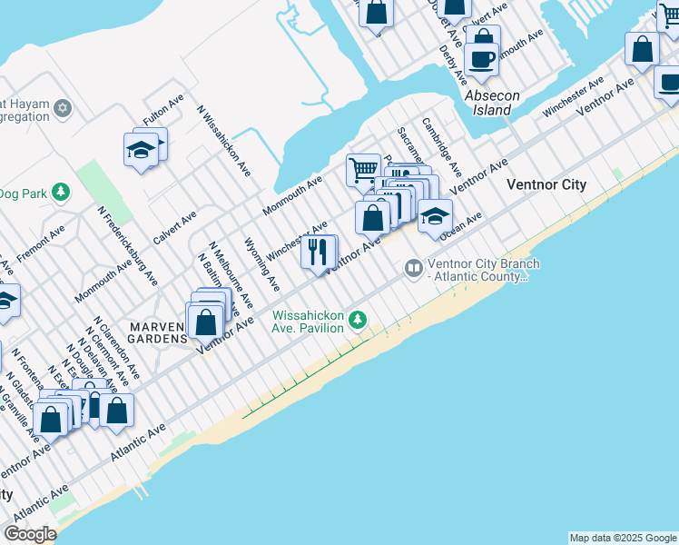 map of restaurants, bars, coffee shops, grocery stores, and more near 5 South Richards Avenue in Ventnor City