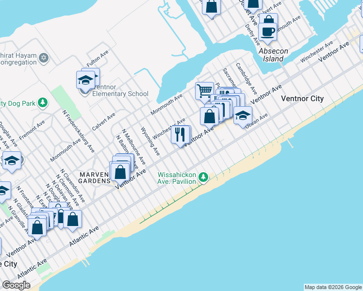 map of restaurants, bars, coffee shops, grocery stores, and more near 6809 Ventnor Avenue in Ventnor City