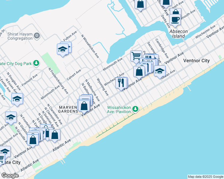 map of restaurants, bars, coffee shops, grocery stores, and more near 9 North Rosborough Avenue in Ventnor City