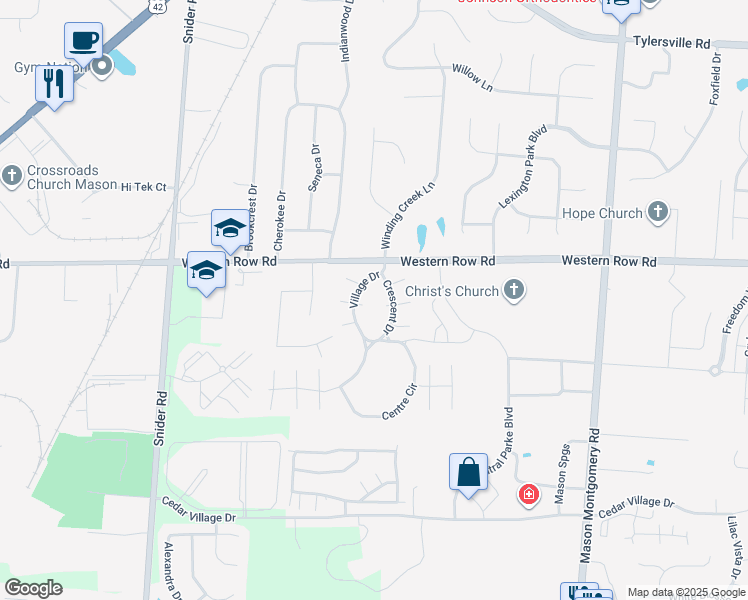 map of restaurants, bars, coffee shops, grocery stores, and more near 7051-7123 Crescent Drive in Mason