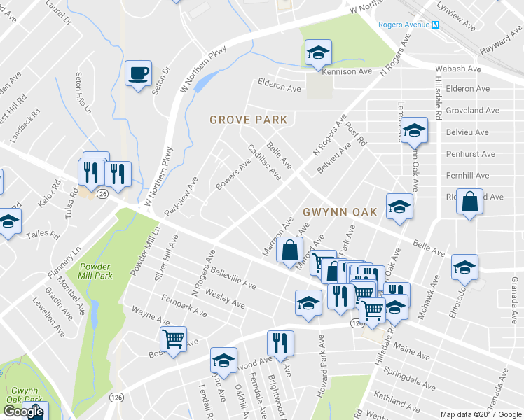 map of restaurants, bars, coffee shops, grocery stores, and more near 3713 North Rogers Avenue in Baltimore
