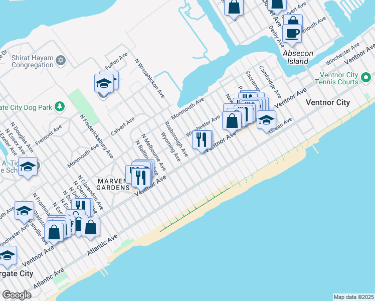 map of restaurants, bars, coffee shops, grocery stores, and more near 9 North Rosborough Avenue in Ventnor City