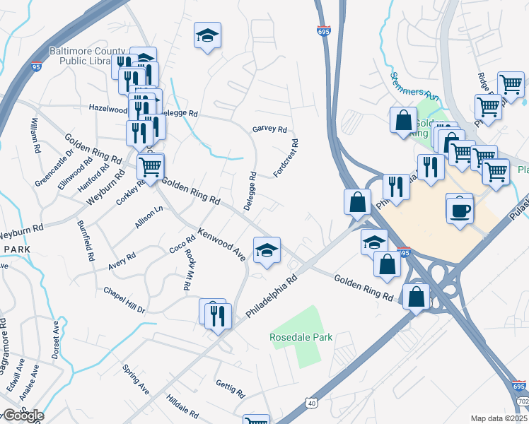 map of restaurants, bars, coffee shops, grocery stores, and more near 6709 Havenoak Road in Rosedale