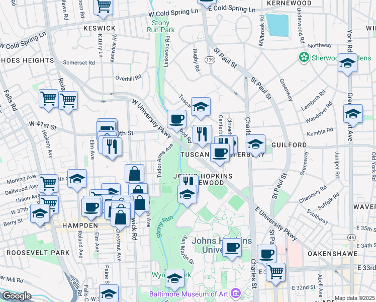 map of restaurants, bars, coffee shops, grocery stores, and more near 117 West University Parkway in Baltimore