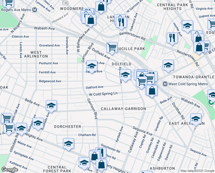 map of restaurants, bars, coffee shops, grocery stores, and more near 3809 Oakford Avenue in Baltimore