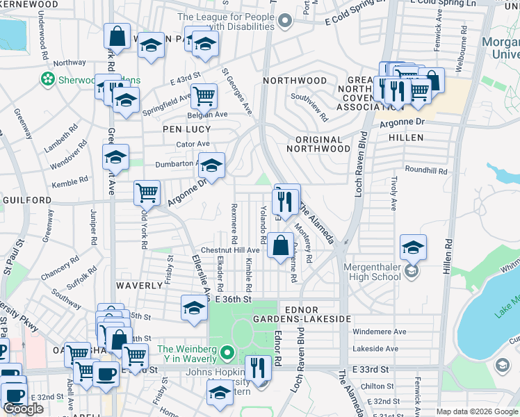 map of restaurants, bars, coffee shops, grocery stores, and more near 3924 Yolando Road in Baltimore