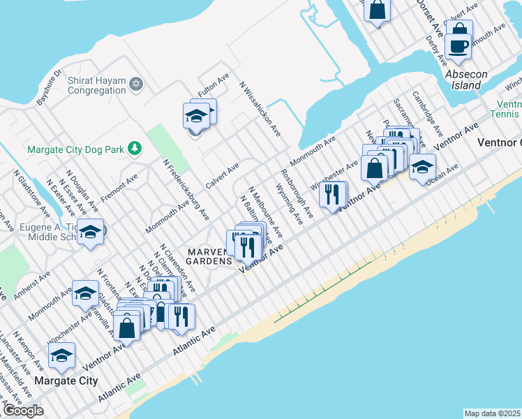 map of restaurants, bars, coffee shops, grocery stores, and more near 104 North Melbourne Avenue in Ventnor City