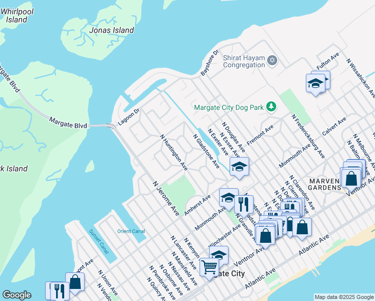 map of restaurants, bars, coffee shops, grocery stores, and more near 17 W Gilmar Cir in Margate City
