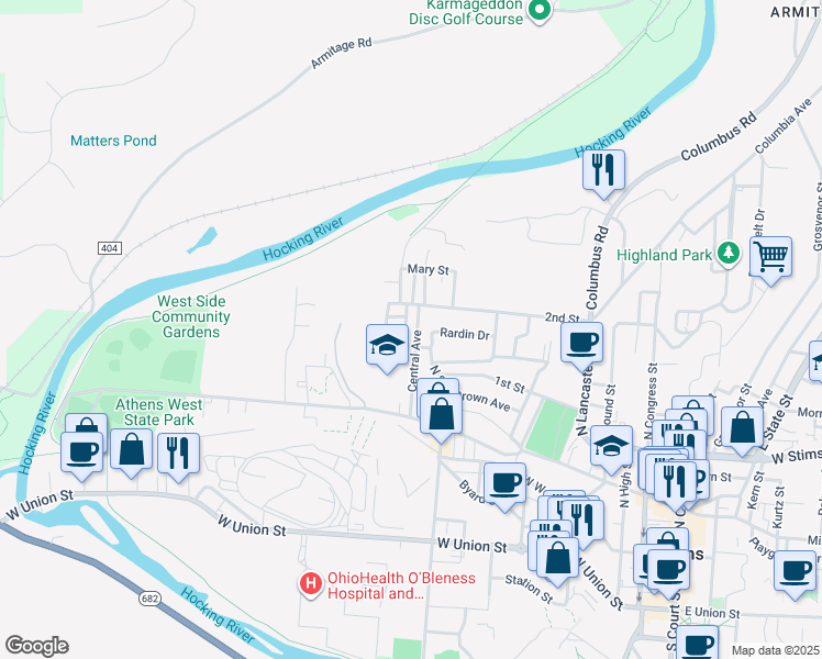 map of restaurants, bars, coffee shops, grocery stores, and more near 79 Central Avenue in Athens