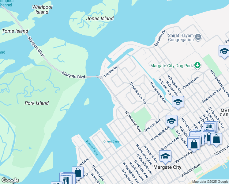 map of restaurants, bars, coffee shops, grocery stores, and more near 703 North Jerome Avenue in Margate City
