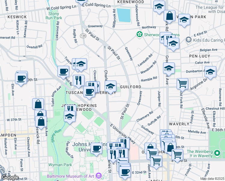 map of restaurants, bars, coffee shops, grocery stores, and more near 2 E 39th St in Baltimore