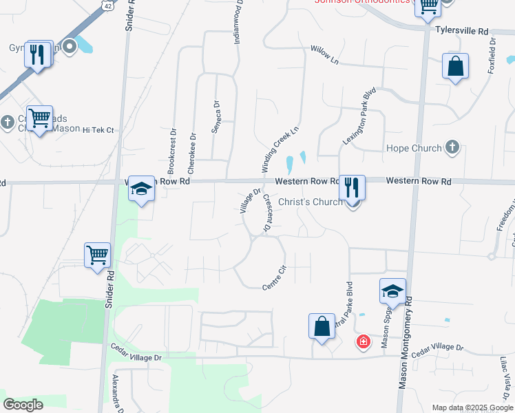 map of restaurants, bars, coffee shops, grocery stores, and more near 7051 Crescent Drive in Mason