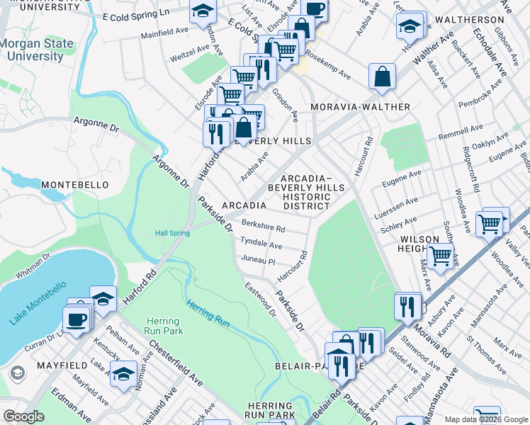 map of restaurants, bars, coffee shops, grocery stores, and more near 3111 Weaver Avenue in Baltimore