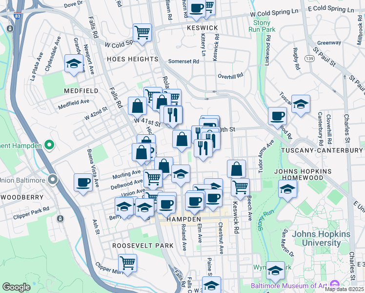 map of restaurants, bars, coffee shops, grocery stores, and more near 3923 Roland Avenue in Baltimore