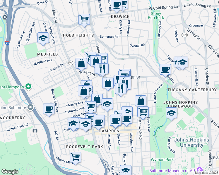 map of restaurants, bars, coffee shops, grocery stores, and more near 3923 Roland Avenue in Baltimore