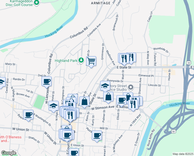 map of restaurants, bars, coffee shops, grocery stores, and more near 111 Franklin Avenue in Athens