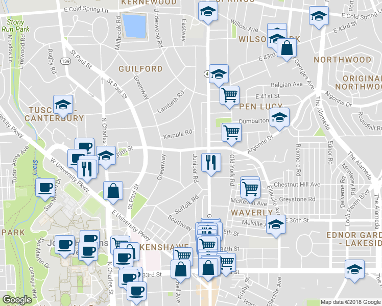 map of restaurants, bars, coffee shops, grocery stores, and more near 3816 Juniper Road in Baltimore