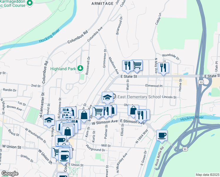map of restaurants, bars, coffee shops, grocery stores, and more near 221E East State Street in Athens