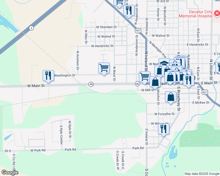 map of restaurants, bars, coffee shops, grocery stores, and more near 703 West Main Street in Greensburg