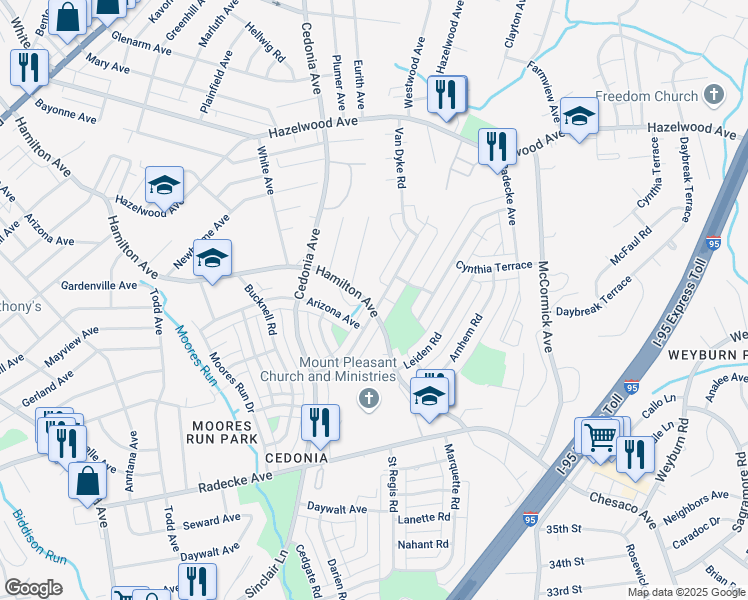 map of restaurants, bars, coffee shops, grocery stores, and more near 5600 Whitby Road in Baltimore