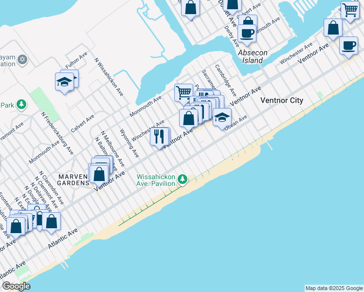 map of restaurants, bars, coffee shops, grocery stores, and more near 12 South Troy Avenue in Ventnor City